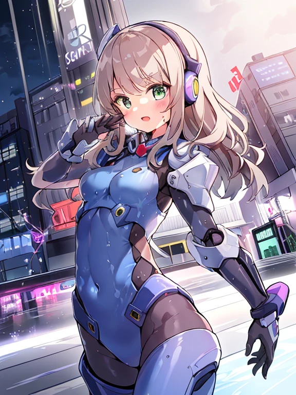 ((masterpiece:1.4、highest quality))+、(super detailed)+、
1 girl、cyberpunk city、flat chest、headphone、wavy hair、mecha clothes、(robot girl)、Cool move、Silver Bodysuit、colorful background、Wet day、(lightning effect)、Silver Dragon Armor、(cold face)、cowboy shot、pretty girl