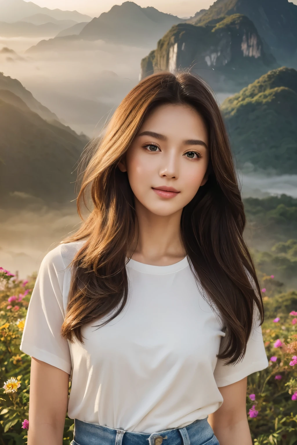 (best quality,4k,highres,masterpiece:1.2),ultra-detailed,realistic,ivory white complexion,beautiful detailed eyes,soft and luscious long hair,bright and natural light,gentle and graceful smile,deep and expressive eyes,delicate facial features,tight-fitting t-shirt in vibrant colors,stylish denim shorts,secluded mountain with a sea of mist enveloping it,breathtaking sunrise casting warm hues,exquisite flowers blooming in the foreground,dreamlike and serene atmosphere,Thailand's picturesque landscape,harmony between nature and humanity