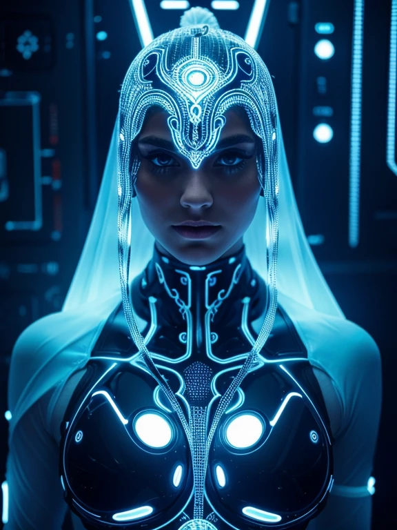 bio-printed humanoid with celestial and cybernetic features:: intricate techno-organic patterns adorning the synthetic skin, glowing neural interfaces connecting to the cosmos:: metallic silvers and neon glows creating an ethereal aura, set against a backdrop of a high-tech laboratory with innovative equipment Negative