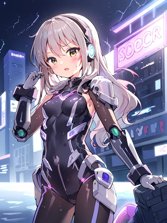 ((masterpiece:1.4、highest quality))+、(super detailed)+、
1 girl、cyberpunk city、flat chest、headphone、wavy hair、mecha clothes、(robot girl)、Cool move、Silver Bodysuit、colorful background、Wet day、(lightning effect)、Silver Dragon Armor、(cold face)、cowboy shot、pretty girl