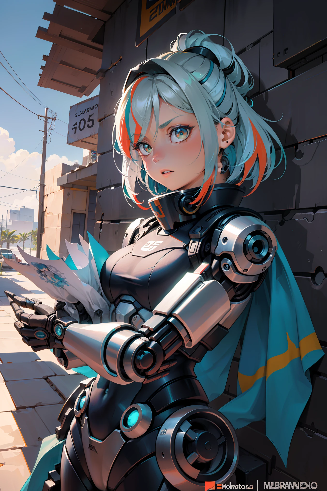 Science fiction, (work of art, best qualityer, ultra detaild), ((multicolored hair, Bblack hair, hair blue)), greeneyes, suffering, (1 girl:1.6), Dynamic lanes, swirly vibrant colors,  tecnology, manga influence, comic, handgun, Mechagirl, Full Armor, cables, extremely detailed wallpaper, ((mechanical members)), unexpressive, biomechanical, mecha