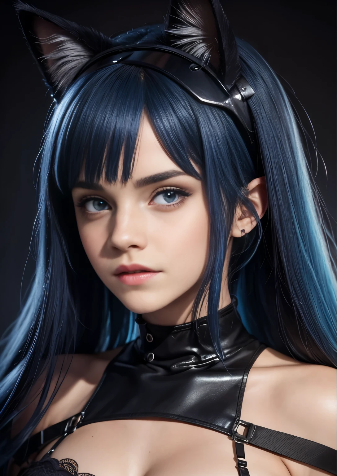 (Emma Watson), woman with blue hair and black ears and a cat ears, beautiful young catgirl, wearing cybernetic bunny ears, portrait of a goth catgirl, very beautiful cute catgirl, girl with cat ears, headshot of young female furry, attractive cat girl, 1 8- year - old goth girl, portrait of jinx from arcane, full body capture, sony pro