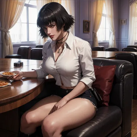 Hermosa mujer de cabello negro corto sentada en sofa camisa blanca con escote chorts de cuero morado botas rojas en oficina de d...