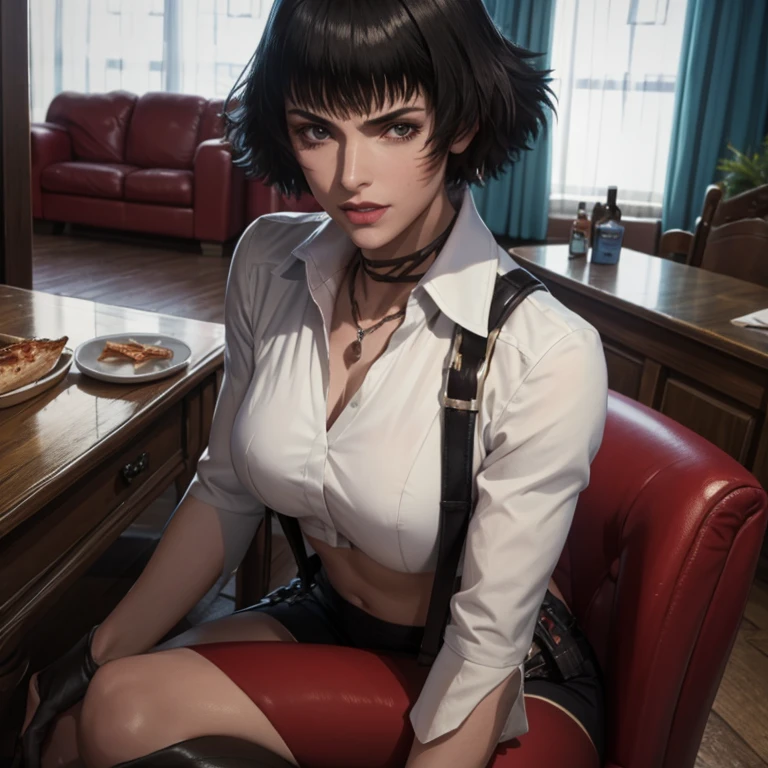 Beautiful woman with short black hair sitting on sofa white shirt with neckline purple leather chorts red boots in dante&#39;s office of dmc 5 happy face with pizza in her hand 