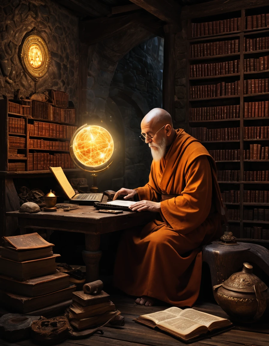 arafed monk sitting at a desk with a (computer and keyboard), a computer rendering by Kurt Roesch, shutterstock, holography, wizard sits reading at a desk, wizard reading a directory, wizard pondering his orb, pensive wizard examining eggs, medieval alchemist in the dark, ancient library, infinite celestial library, 2 1 st century monk