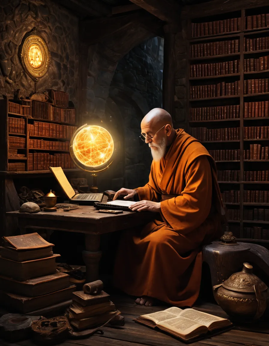 arafed monk sitting at a desk with a (computer and keyboard), a computer rendering by Kurt Roesch, shutterstock, holography, wiz...