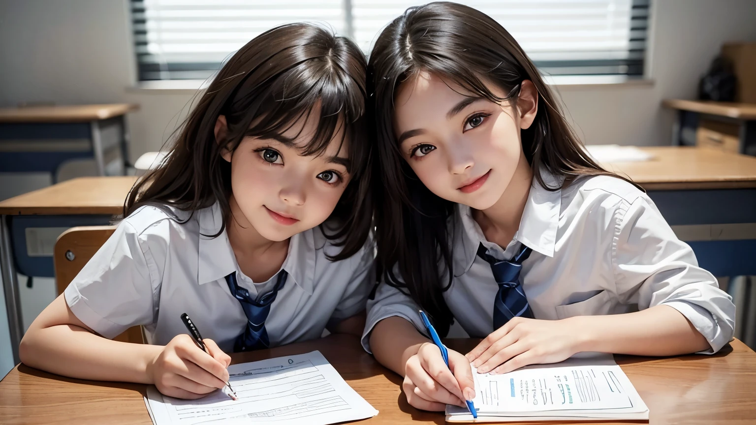 Two young girls sitting at a desk writing in a classroom - SeaArt AI