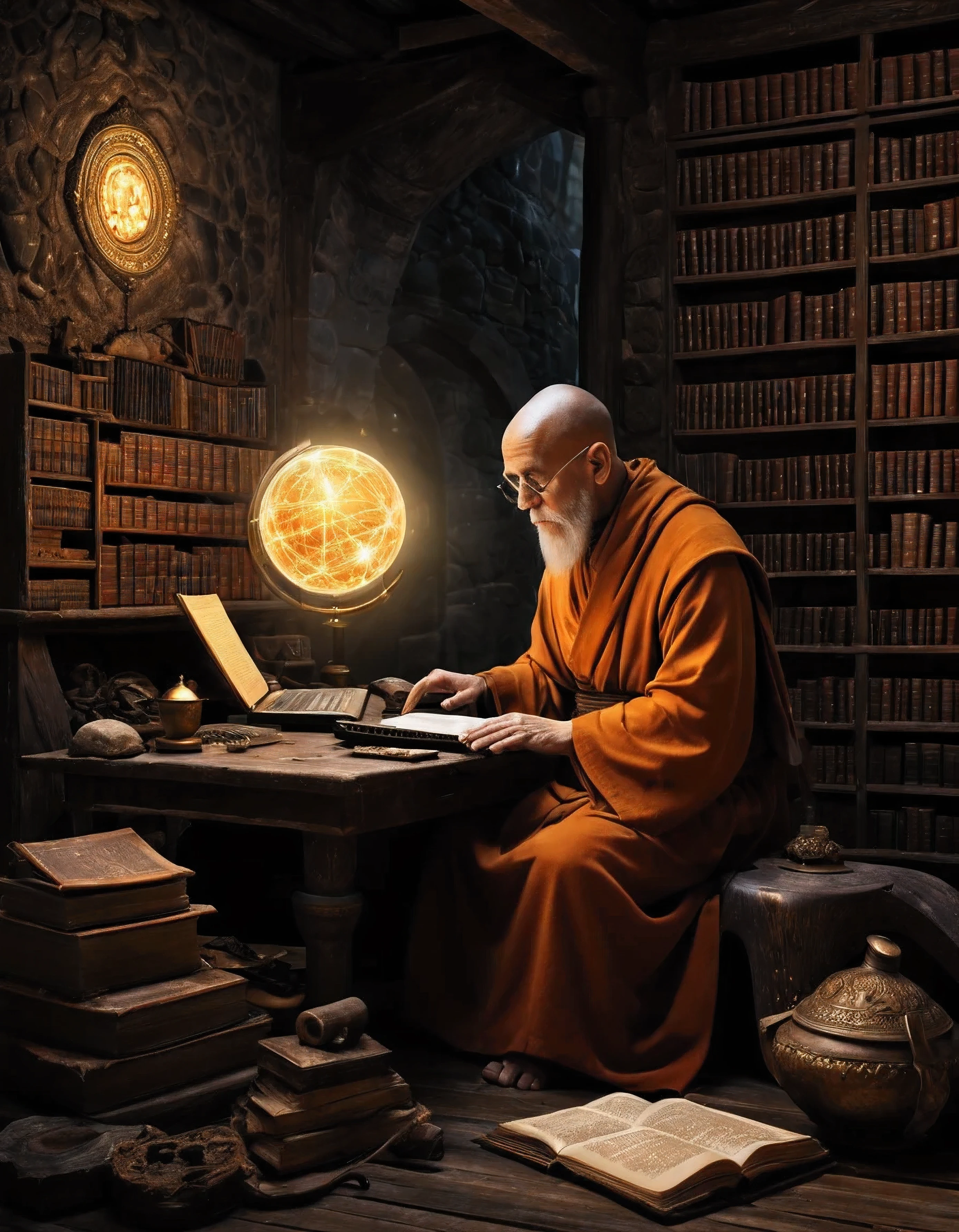 arafed monk sitting at a desk with a (computer and keyboard), a computer rendering by Kurt Roesch, shutterstock, holography, wizard sits reading at a desk, wizard reading a directory, wizard pondering his orb, pensive wizard examining eggs, medieval alchemist in the dark, ancient library, infinite celestial library, 2 1 st century monk