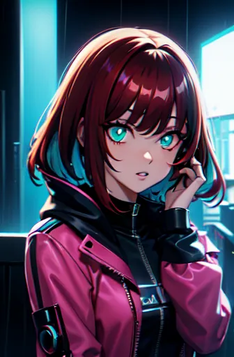 (cyberpunk\), 1girl, colored tips, (glowing teal eyes), hoodie, long sleeves, looking at viewer, short hair, multicolored hair, ...