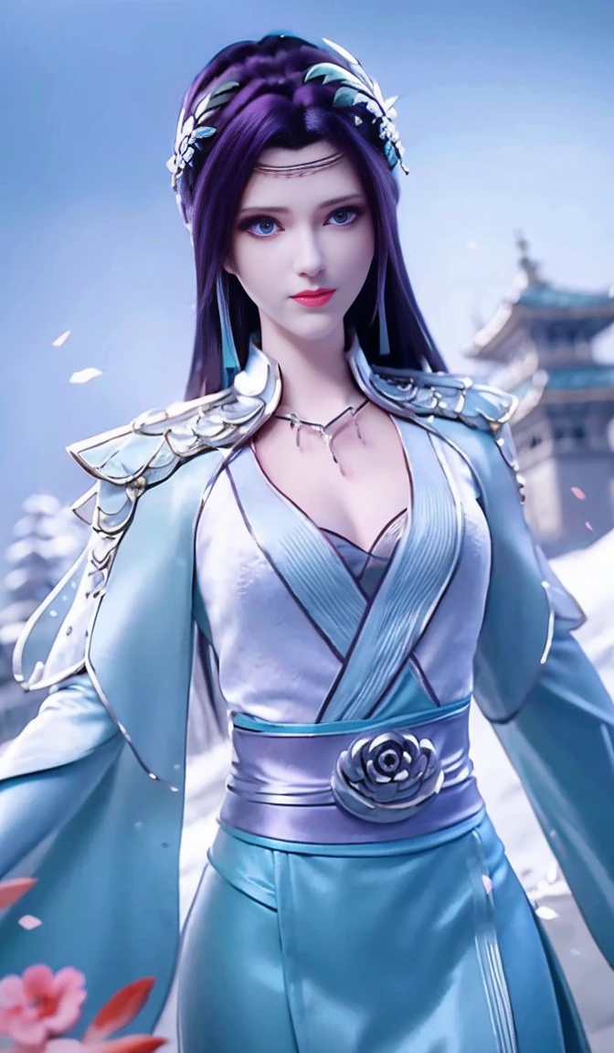 Works of masters，Best image quality，Ultra-high resolution，8K resolution，first person perspective，s the perfect face，Glowing skin，Exquisite facial features，solo person，FEMALES，ssmile，long whitr hair，Pink hair，crossed bangs，Wave head，Bracelet，Collar，during，Hanfu，snowflower，Winters，temple，New Year，Opal rendering，Cinematic lighting，Winter snow method