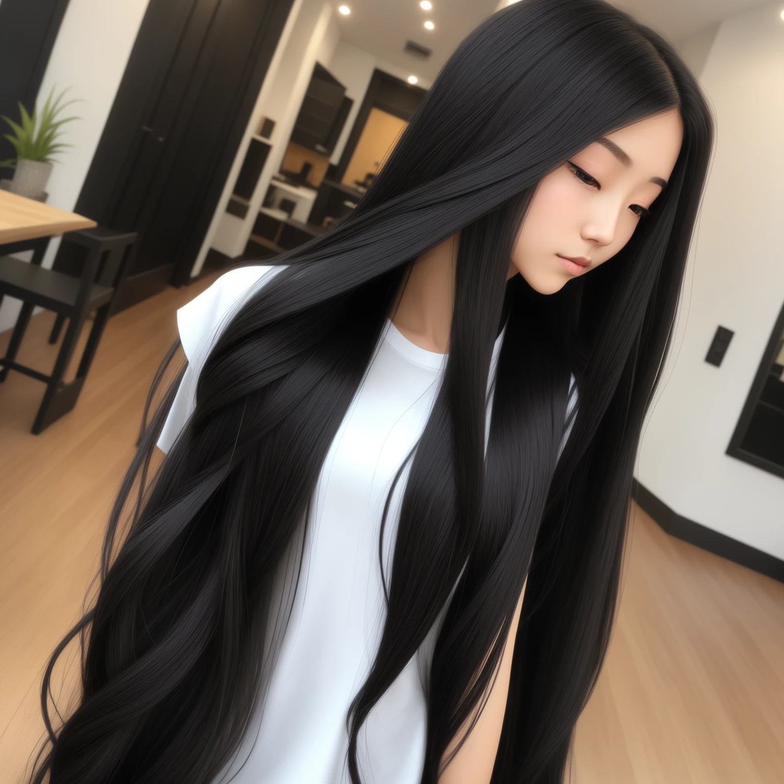 A woman with long black hair standing in a room - SeaArt AI