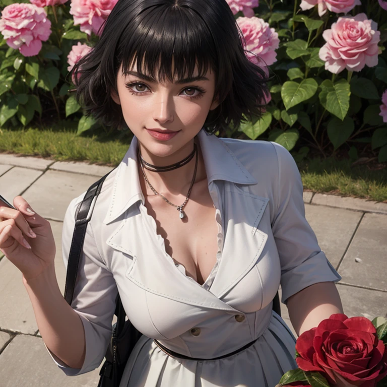 Hermosa mujer de cabello negro corto sonriendo vestido de campesina de flores en prado cara feliz con ramillete de rosas 