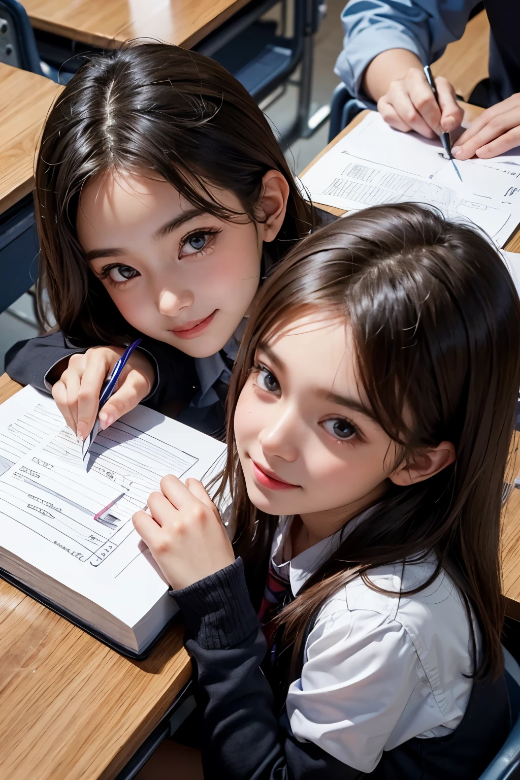 Two girls sitting at a desk writing on a piece of paper - SeaArt AI