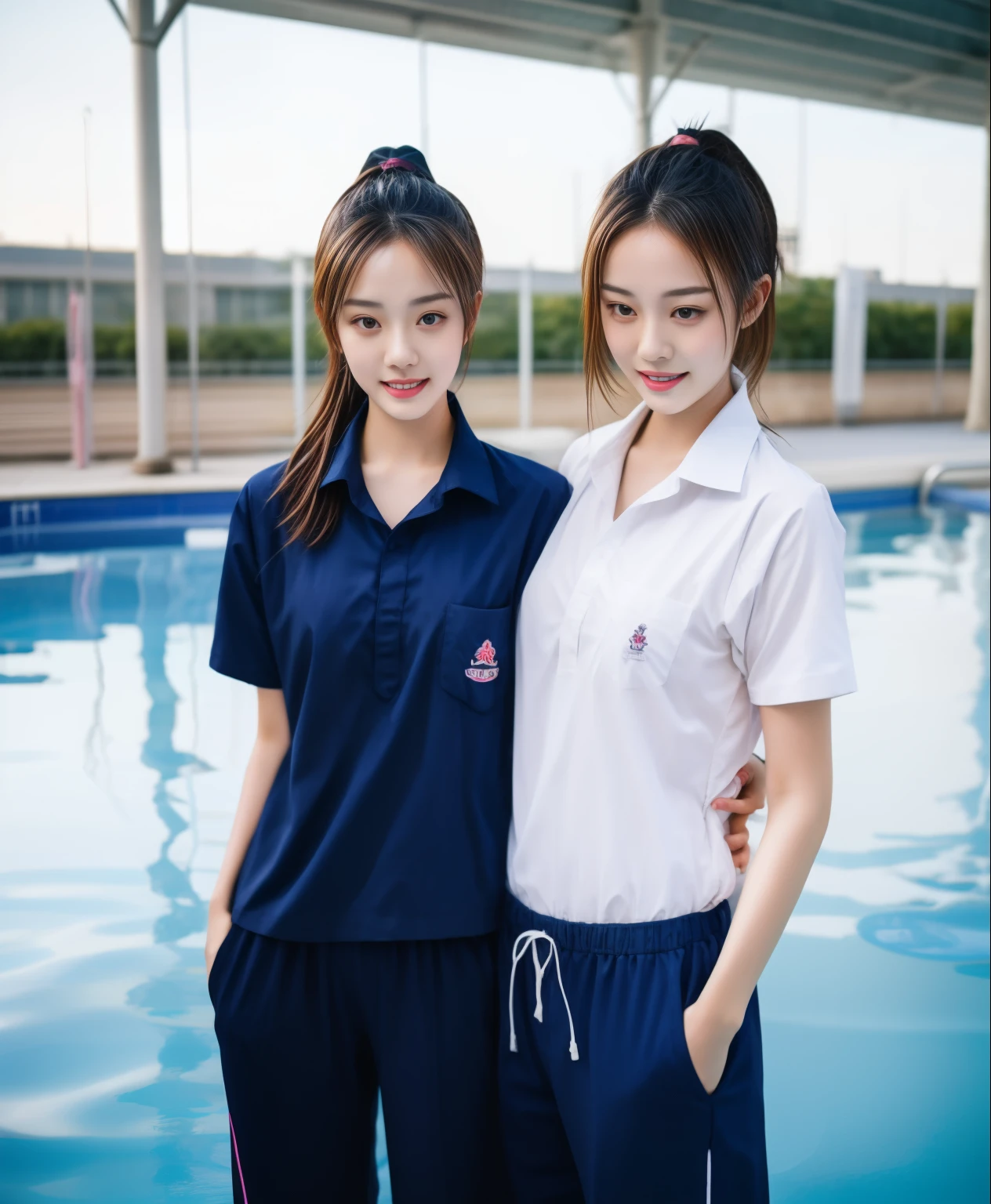 Two young women standing next to each other near a swimming pool - SeaArt AI