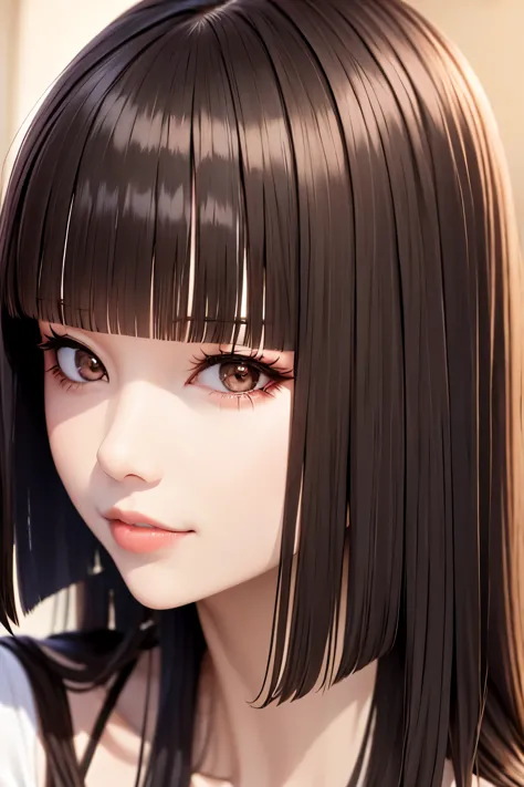 （In 8K, best quality, muste piece:1.2)、ultra high resolution、1 20 year old gravure model,ultra-detailed face,detailed eyes,Brown eyes,glitter makeup,face focus,,BREAK,black hair,straight hair、,hime cut,BREAK,(RAW photo),outdoor