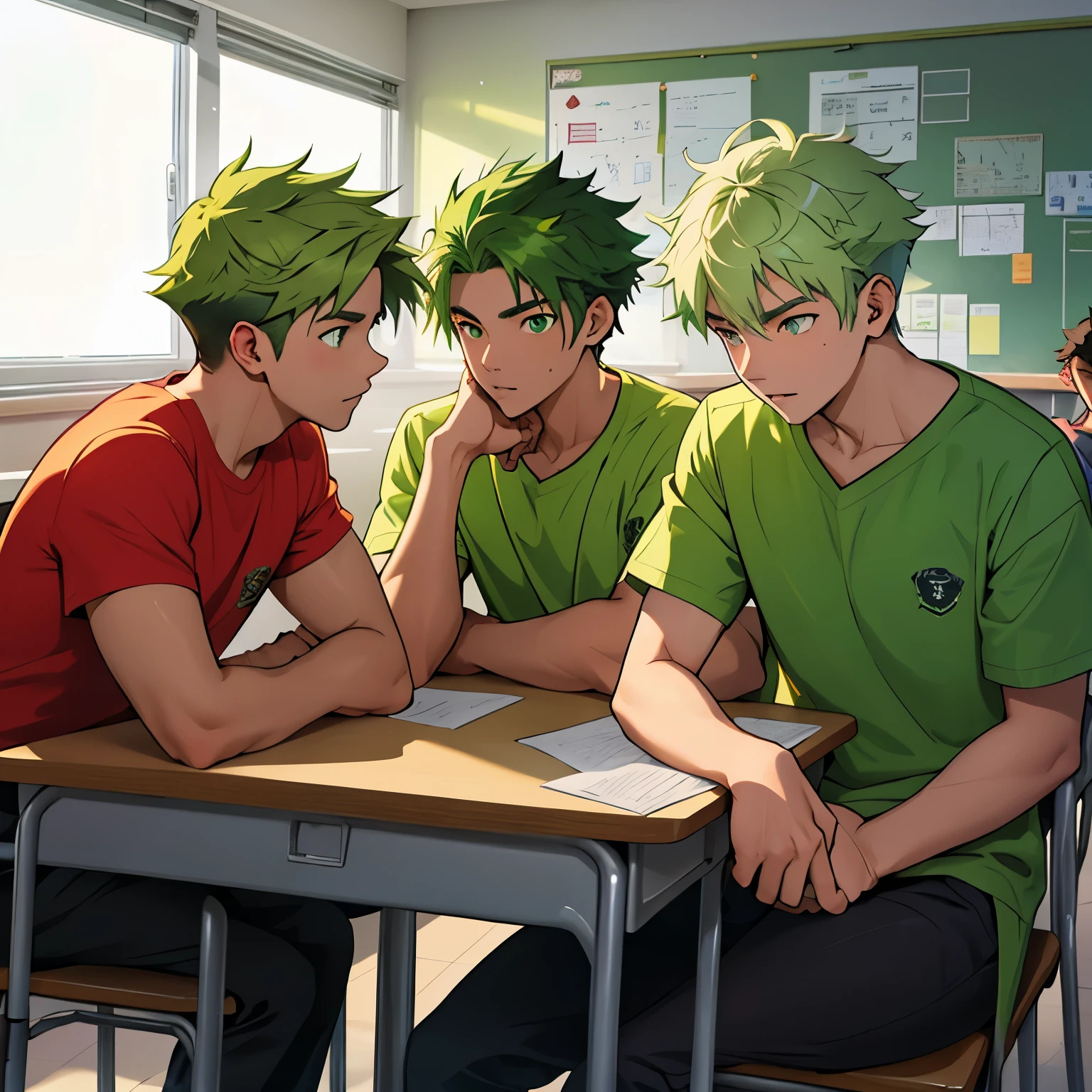 一群 4 名 14 歲的英俊年輕人在學校教室裡正在討論，擔心談論一個危險的計劃，他們有綠色的頭髮，綠色的眼睛，藍色的 T 卹 