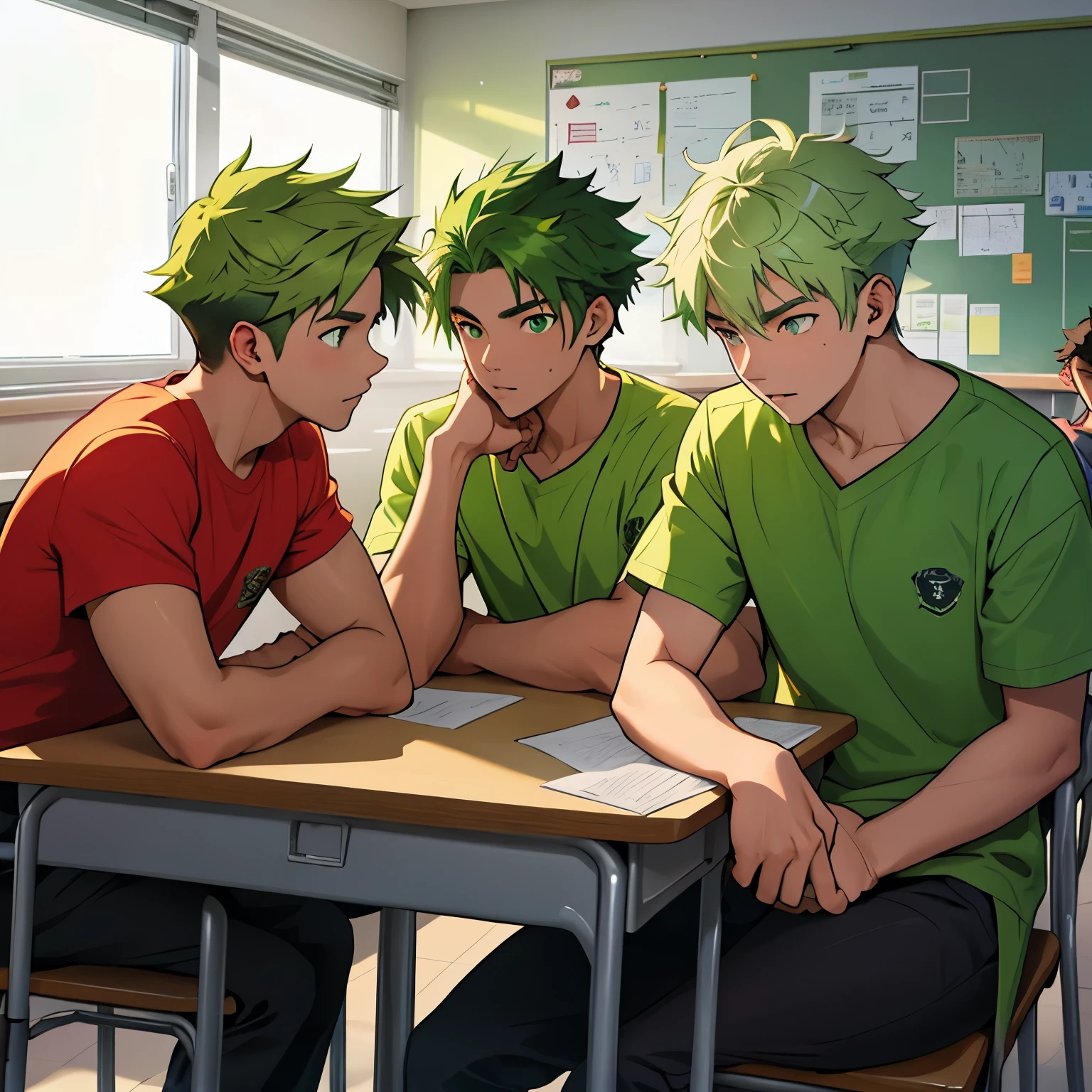 un grupo de 4 jóvenes guapos en el aula de la escuela están hablando, discutiendo, preocupados, hablando sobre un plan peligroso que tienen, cabello verde, ojos verdes, camiseta azul 