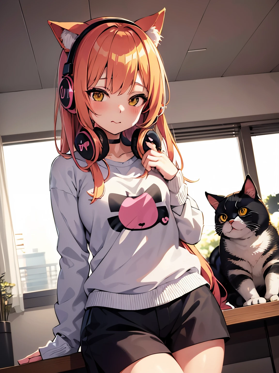 Anime girl with headphones and cat sitting on a desk - SeaArt AI