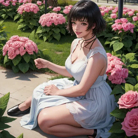 Hermosa mujer de cabello negro corto sonriendo vestido de campesina de flores en prado cara feliz con ramillete de rosas 