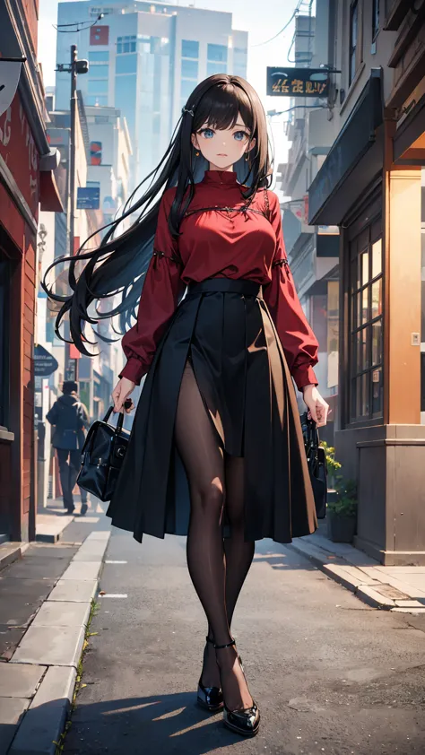 ((masterpiece, high resolution, best quality, best details, anime)), a woman standing on the street, dressed in a long skirt, le...