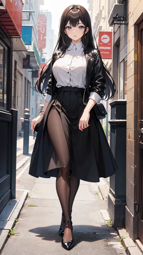 ((masterpiece, high resolution, best quality, best details, anime)), a woman standing on the street, dressed in a long skirt, le...