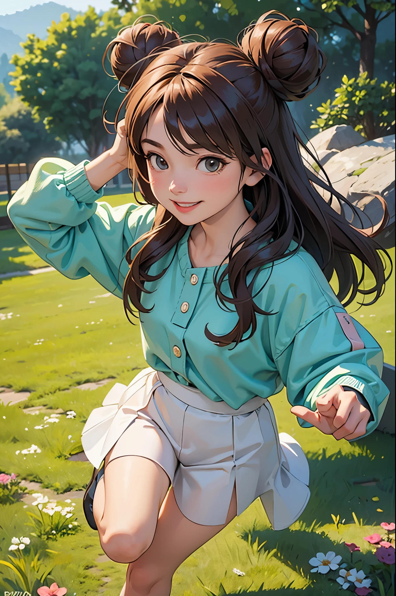 (best quality,4k,8k,highres,masterpiece:1.2),ultra-detailed,(realistic,photorealistic,photo-realistic:1.37),Illustration,Octane Render,morning park,a  walking with a teddy bear, the girl has a bun hairstyle and a smiling face, vibrant colors, soft sunlight, beautiful flowers, green grass, playful atmosphere, peaceful environment,detailed textures, vibrant colors, cute teddy bear outfit, joyful expression