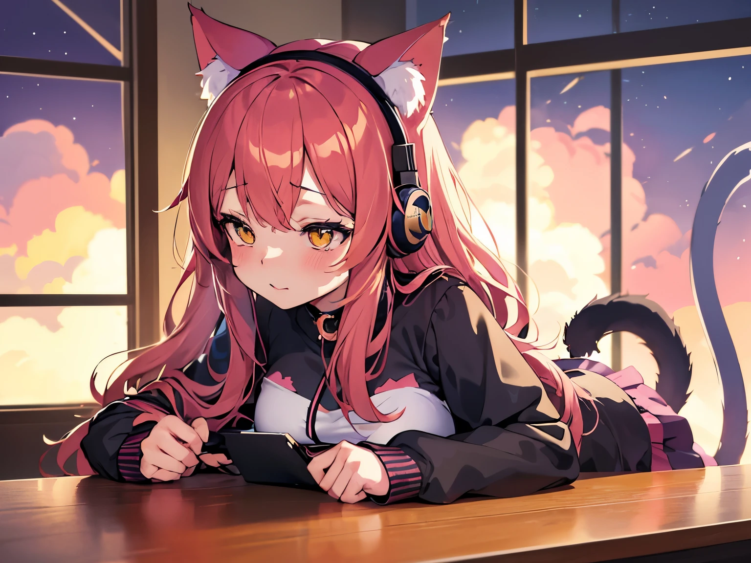 Anime girl with pink hair and cat ears sitting on a table - SeaArt AI