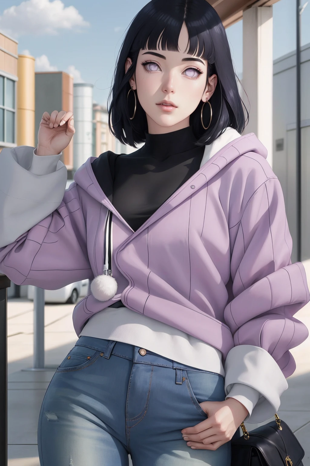 { - anatomy error} (Masterpiece - Ultra-detailed, very high resolution) , absurdos, Hinata\(Boruto\), 1girl, sozinho,Mature female, Capuz roxo,mangas em camadas, jeans, ao ar livre, Cloudy sky, perfect composition, circunstanciado lips, peito grande, beautiful face, body propotion, corar, (pink lips), cabelos pretos curto (black hair), lilac eyes, olhar suave, super realistic, circunstanciado, rosto e corpo realistas, Realistic hair, olhos realistas, nariz realista, realistic lips, with large hoop earrings, anime. reading, writing, dynamic poses, closed mouth. Different Pose.