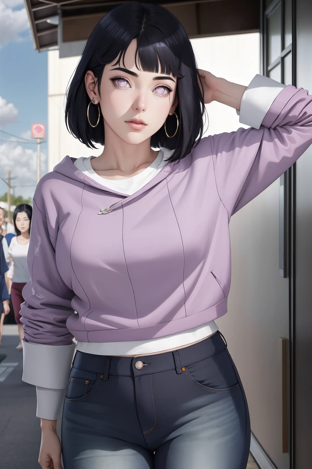 { - anatomy error} (Masterpiece - Ultra-detailed, very high resolution) , absurdos, Hinata\(Boruto\), 1girl, sozinho,Mature female, Capuz roxo,mangas em camadas, jeans, ao ar livre, Cloudy sky, perfect composition, circunstanciado lips, peito grande, beautiful face, body propotion, corar, (pink lips), cabelos pretos curto (black hair), lilac eyes, olhar suave, super realistic, circunstanciado, rosto e corpo realistas, Realistic hair, olhos realistas, nariz realista, realistic lips, with large hoop earrings, anime. reading, writing, dynamic poses, closed mouth. Different Pose.