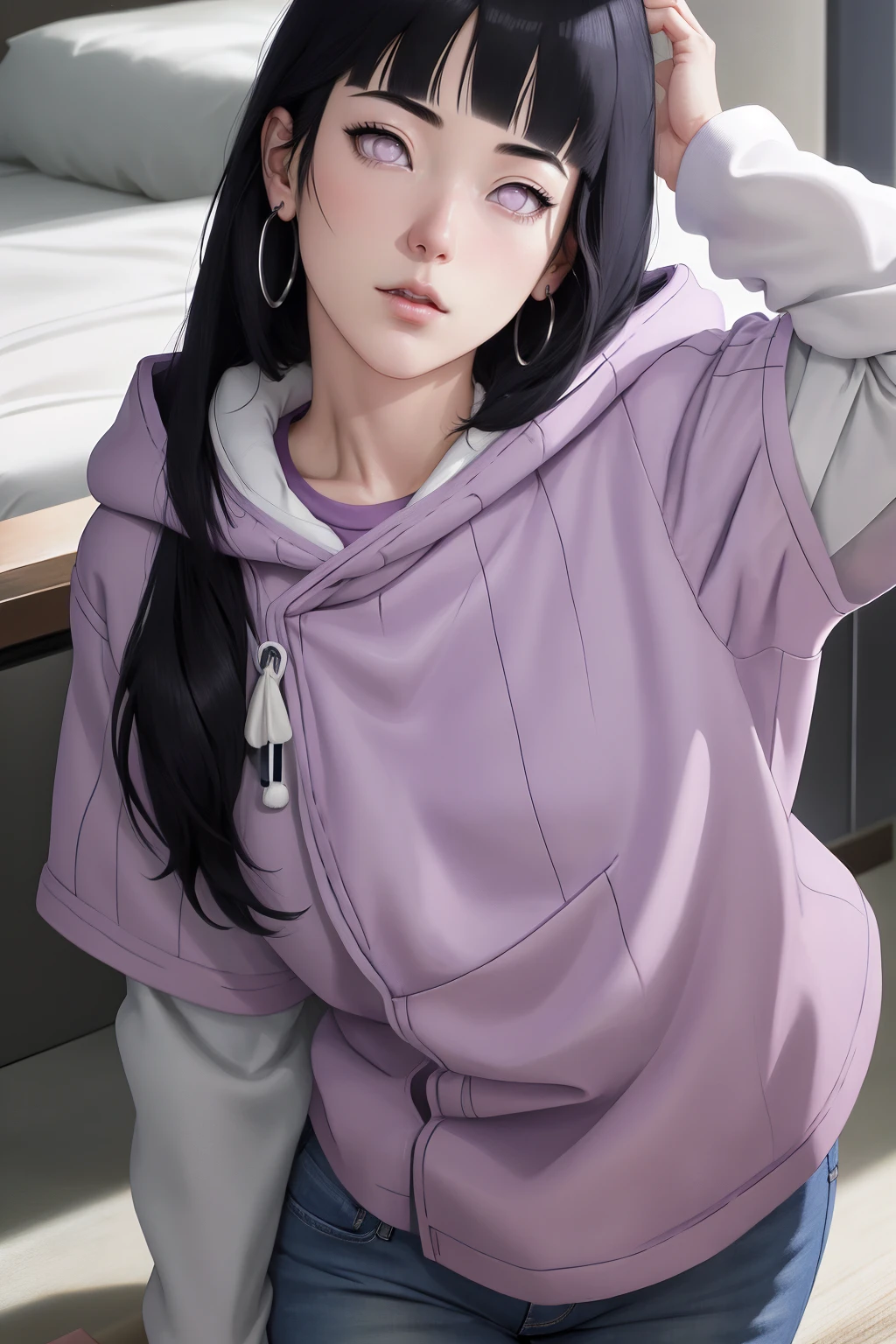 { - anatomy error} (Masterpiece - Ultra-detailed, very high resolution) , absurdities, Hinata\(Boruto\), 1girl, alone,Mature female, Purple hood, layered white sleeves, jeans, perfect composition, full lips, big chest, beautiful face, body proportion, blushing, (pink lips), black hair short (black hair), lilac eyes, soft look, super realistic, circumstantial, realistic face and body, realistic hair, realistic eyes, realistic nose, realistic lips, with big hoop earrings, anime. reading, writing, walking, backwards, lying down, standing, dynamic poses, mouth closed. Different posture.