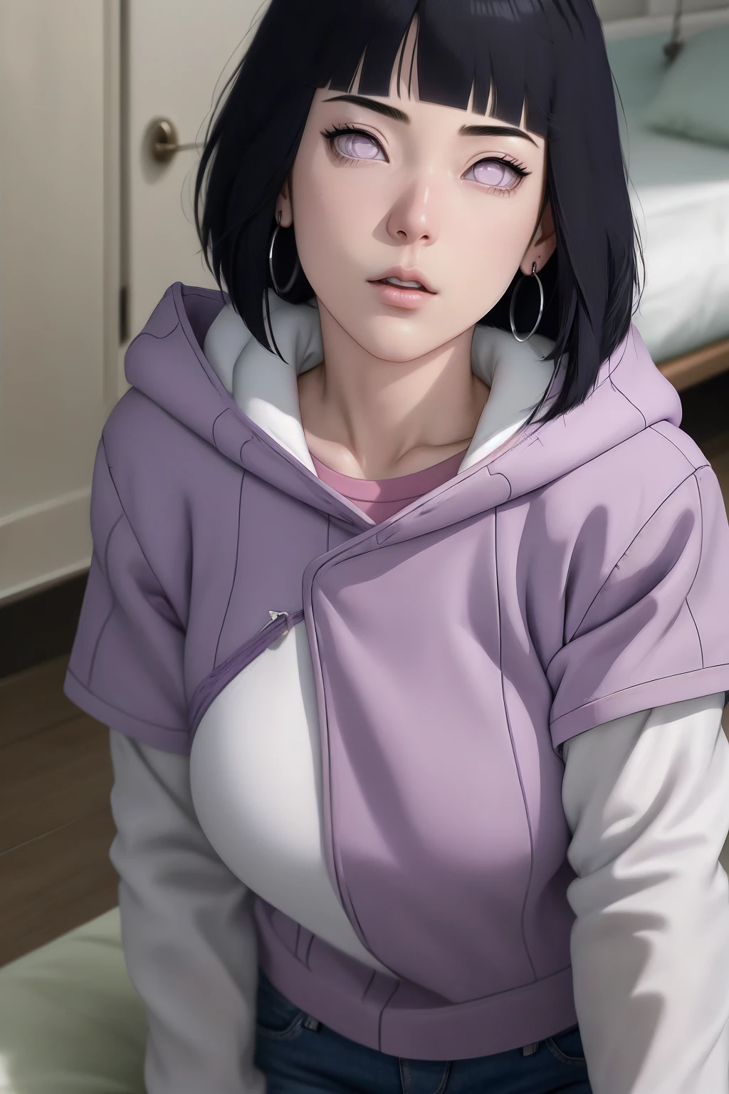 { - anatomy error} (Masterpiece - Ultra-detailed, very high resolution) , absurdities, Hinata\(Boruto\), 1girl, alone,Mature female, Purple hood, layered white sleeves, jeans, perfect composition, full lips, big chest, beautiful face, body proportion, blushing, (pink lips), black hair short (black hair), lilac eyes, soft look, super realistic, circumstantial, realistic face and body, realistic hair, realistic eyes, realistic nose, realistic lips, with big hoop earrings, anime. reading, writing, walking, backwards, lying down, standing, dynamic poses, mouth closed. Different posture.