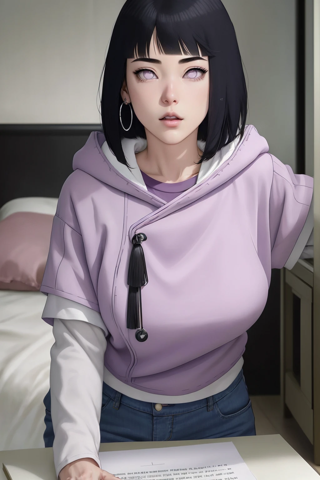 { - anatomy error} (Masterpiece - Ultra-detailed, very high resolution) , absurdities, Hinata\(Boruto\), 1girl, alone,Mature female, Purple hood, layered white sleeves, jeans, perfect composition, full lips, big chest, beautiful face, body proportion, blushing, (pink lips), black hair short (black hair), lilac eyes, soft look, super realistic, circumstantial, realistic face and body, realistic hair, realistic eyes, realistic nose, realistic lips, with big hoop earrings, anime. reading, writing, walking, backwards, lying down, standing, dynamic poses, mouth closed. Different posture.