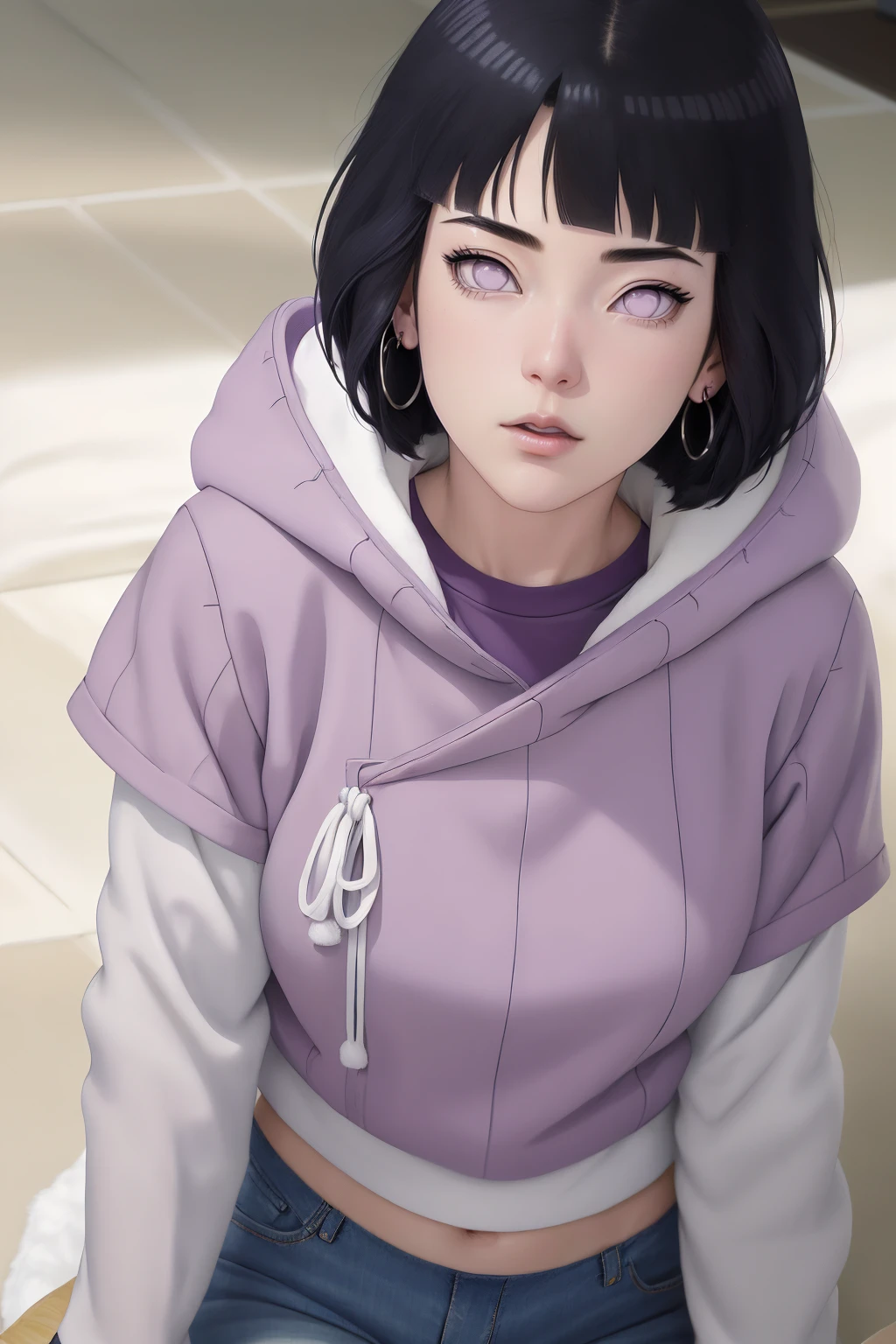 { - anatomy error} (Masterpiece - Ultra-detailed, very high resolution) , absurdities, Hinata\(Boruto\), 1girl, alone,Mature female, Purple hood, layered white sleeves, jeans, perfect composition, full lips, big chest, beautiful face, body proportion, blushing, (pink lips), black hair short (black hair), lilac eyes, soft look, super realistic, circumstantial, realistic face and body, realistic hair, realistic eyes, realistic nose, realistic lips, with big hoop earrings, anime. reading, writing, walking, backwards, lying down, standing, dynamic poses, mouth closed. Different posture.