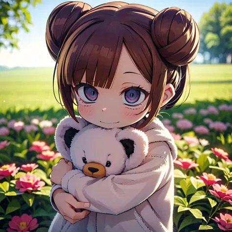 (best quality,4k,8k,highres,masterpiece:1.2),ultra-detailed,(realistic,photorealistic,photo-realistic:1.37),Illustration,Octane Render,morning park,a  walking with a teddy bear, the girl has a bun hairstyle and a smiling face, vibrant colors, soft sunlight...