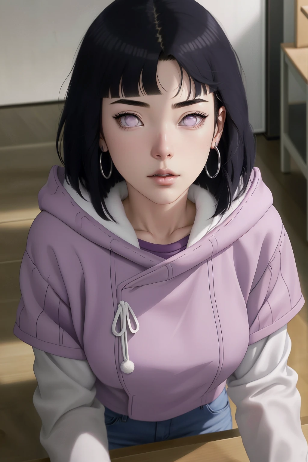 { - anatomy error} (Masterpiece - Ultra-detailed, very high resolution) , absurdities, Hinata\(Boruto\), 1girl, alone,Mature female, Purple hood, layered white sleeves, jeans, perfect composition, full lips, big chest, beautiful face, body proportion, blushing, (pink lips), black hair short (black hair), lilac eyes, soft look, super realistic, circumstantial, realistic face and body, realistic hair, realistic eyes, realistic nose, realistic lips, with big hoop earrings, anime. reading, writing, walking, backwards, lying down, standing, dynamic poses, mouth closed. Different posture.