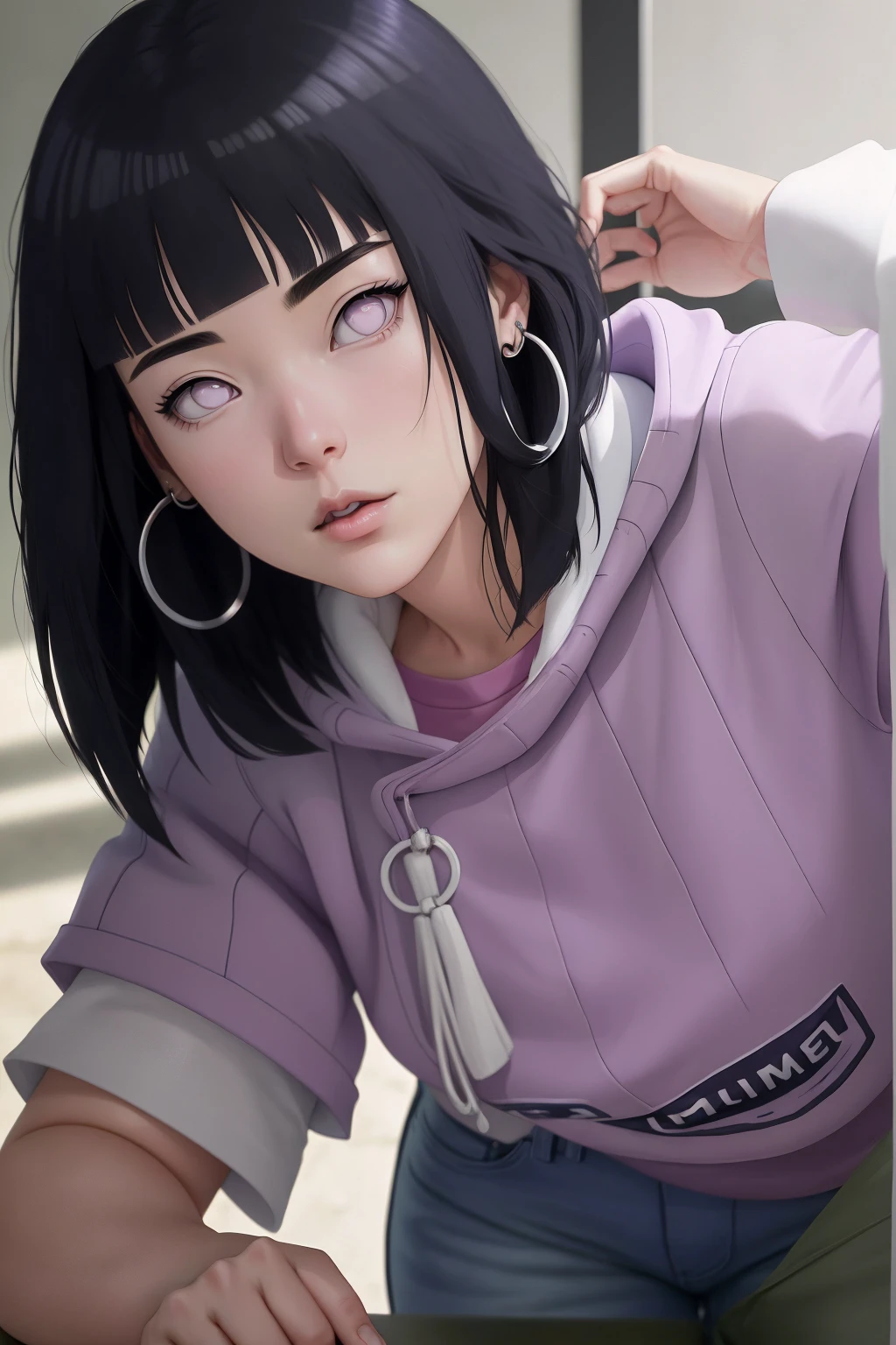 { - anatomy error} (Masterpiece - Ultra-detailed, very high resolution) , absurdities, Hinata\(Boruto\), 1girl, alone,Mature female, Purple hood, layered white sleeves, jeans, perfect composition, full lips, big chest, beautiful face, body proportion, blushing, (pink lips), black hair short (black hair), lilac eyes, soft look, super realistic, circumstantial, realistic face and body, realistic hair, realistic eyes, realistic nose, realistic lips, with big hoop earrings, anime. reading, writing, walking, backwards, lying down, standing, dynamic poses, mouth closed. Different posture.