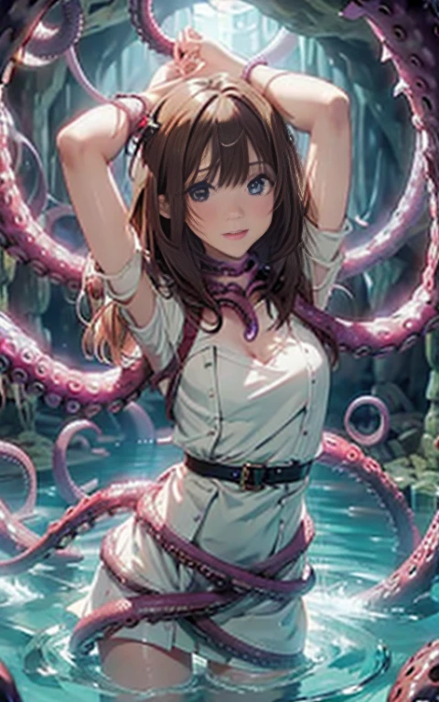((masterpiece)), ((best quality)), (ultra-detailed),(in the cave),(monster),(((many tentacles wrap arotnd the body))),a cute girl, 1girl, solo, (white girly dress),((many tentacles bound arms)), ((thin waist)),large breast, slim, slender,beautiful brown hair, beautiful blue eyes, (beautiful eyes), long hair,troubled expressio