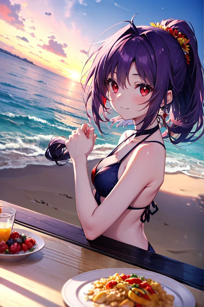 Yuki Konno, Yuki Konno, hair band, long hair，ponytail, pointed ears, purple hair, (red eyes:1.5), (small breasts:1.2), flower hair ornament,Ahoge,purple bikini swimsuit,blush,smile,Upper body, whole body,While strolling along the sandy sands of the beach,purple hair fluttering in the breeze,summer,Light of the sun,Palm tree,walking,break outdoors, break (table top:1.2), highest quality, High resolution, unity 8k wallpaper, (figure:0.8), (beautiful and fine eyes:1.6), highly detailed face, perfect lighting, Highly detailed CG, (perfect hands, perfect anatomy),