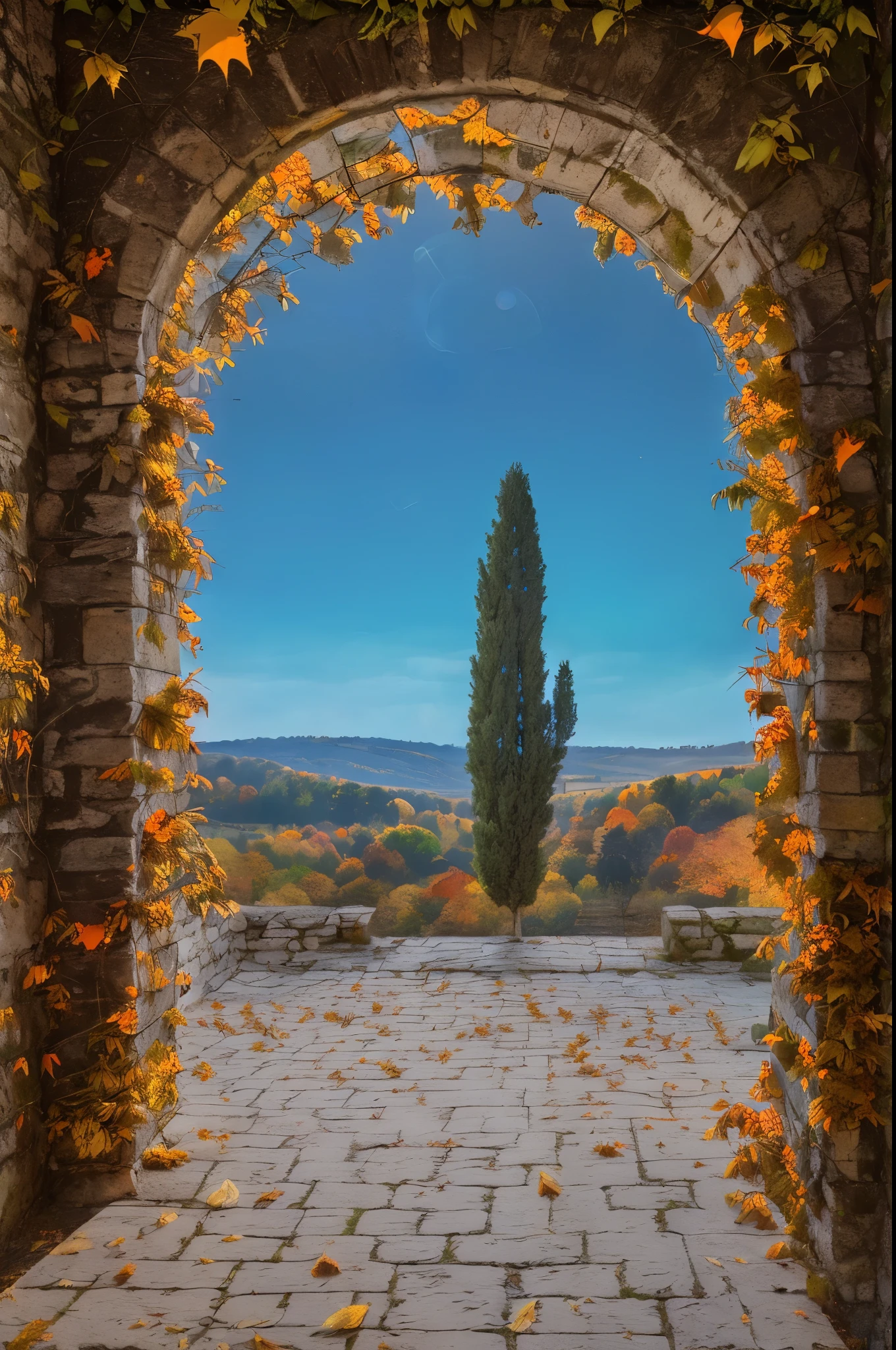 Ein Blick auf die Landschaft durch einen Steinbogen, mittelalterliches Ambiente, (Mittelalter: 1.2), ausgewogenes Licht, (Herbst: 1.3), (gelbe Blätter: 1.3), (Orangetöne: 1.5), warme Farbbalance, Zypresse, Italien