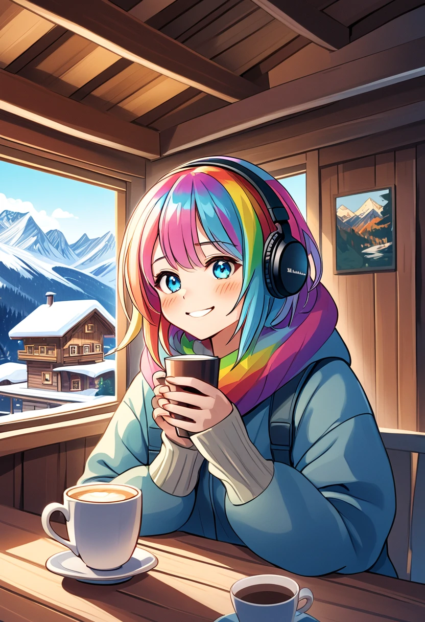 A young woman with tied-up colored hair and eyes resembling a rainbow, listening to calm music on headphones, with a happy and confy smile, holding a cup of coffee, dressed in cold weather clothing, in a chalet at the base of a mountain. An image that inspires calmness, tranquility, lightness, simplicity, and comfort.