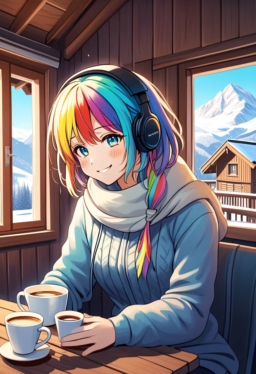 A young woman with tied-up colored hair and eyes resembling a rainbow, listening to calm music on headphones, with a happy and c...
