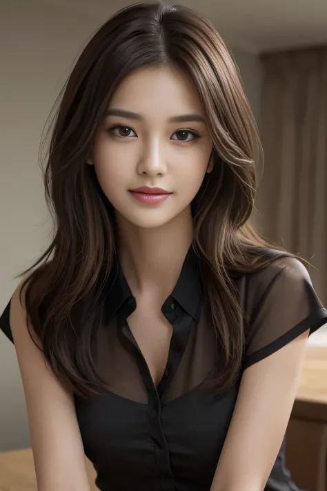 table top, highest quality, realistic, Super detailed, finely, High resolution, 8k wallpaper, 1 beautiful woman,, light brown messy hair, He is wearing a black see-through dress shirt with an open collar., sharp focus, perfect dynamic composition, beautifu...