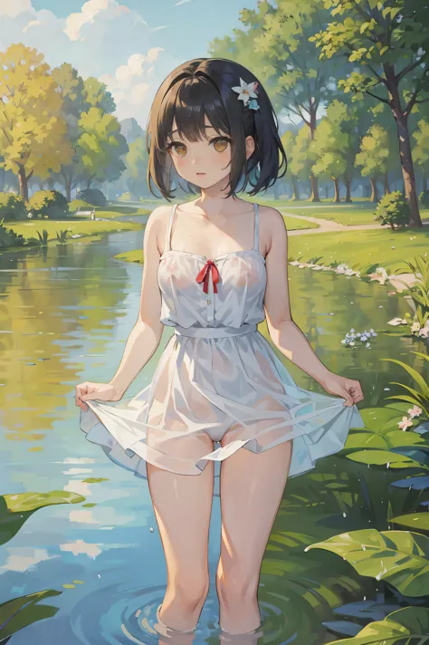 In Claude Monet style, Impressionism, 1girl, upper body focus, (white camisole dress), 14 year old, full body Esbian, short silver hair, pond, wet, ((curtsey)), nipples through, see-through, puffy nipples, bare breasts, {{{{vulgarity}}}}, bare pussy, sprea...