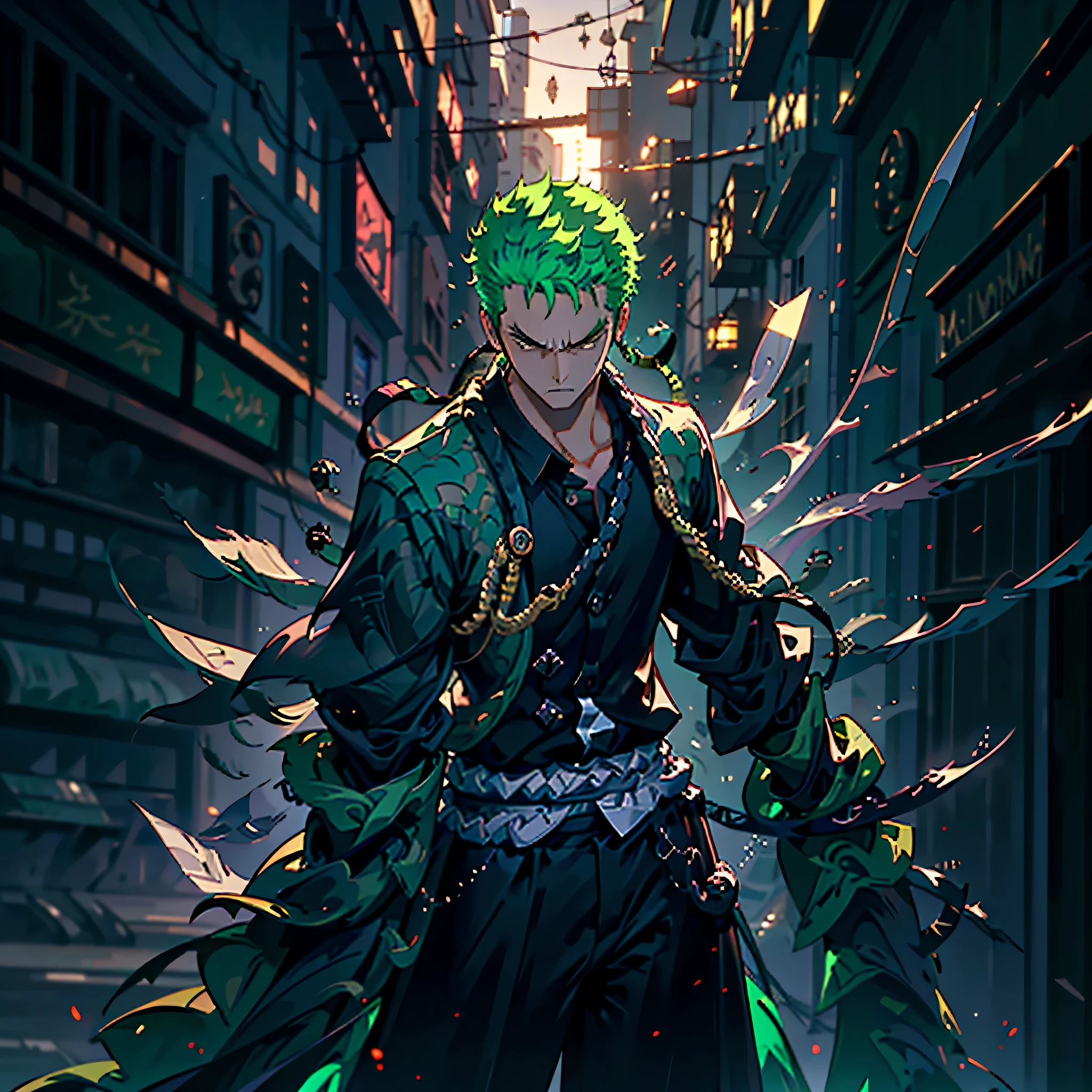 Handsome 1boy, Roronoa Zoro, angry look, (one eye closed), scar on the eye, green hair. solo, full body, ((((masterpiece))), ((best quality)), (extremely detailed), dark intense shadows, lighting, HDR, good composition, dynamic pose, black eyes, modern fashionable dark clothes, blurred background, night city street