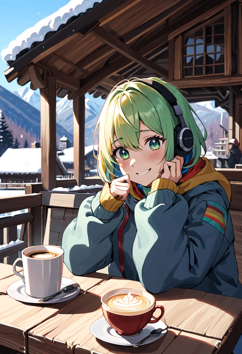 A young woman with tied-up colored hair and eyes resembling a rainbow, listening to calm music on headphones, with a happy and confy smile, holding a cup of coffee, dressed in cold weather clothing, in a chalet at the base of a mountain. An image that inspires calmness, tranquility, lightness, simplicity, and comfort.