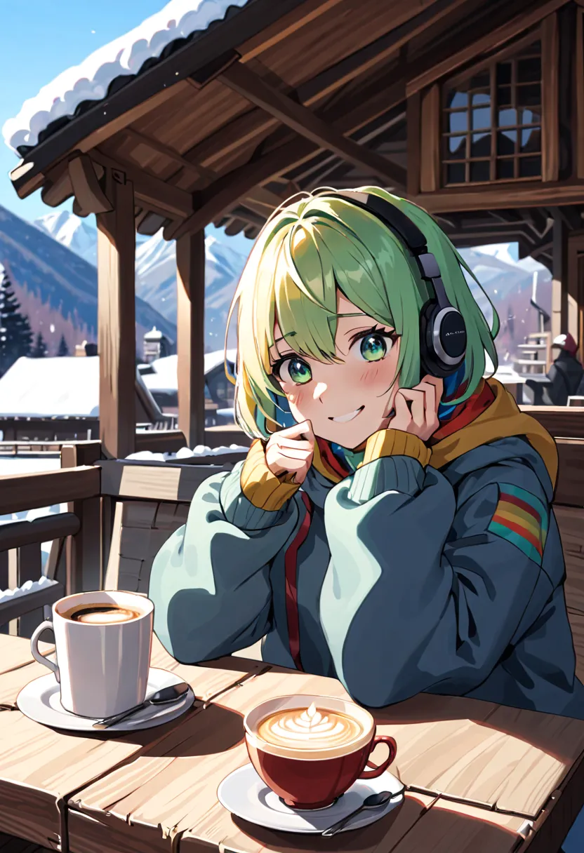 A young woman with tied-up colored hair and eyes resembling a rainbow, listening to calm music on headphones, with a happy and c...
