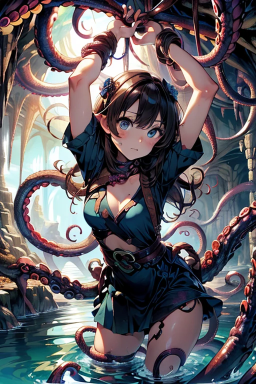 ((masterpiece)), ((best quality)), (ultra-detailed),(in the cave),(monster),(((many tentacles wrap arotnd the body))),a cute girl, 1girl, solo, (white girly dress),((many tentacles bound arms)), ((thin waist)),large breast, slim, slender,beautiful brown hair, beautiful blue eyes, (beautiful eyes), long hair,troubled expressio