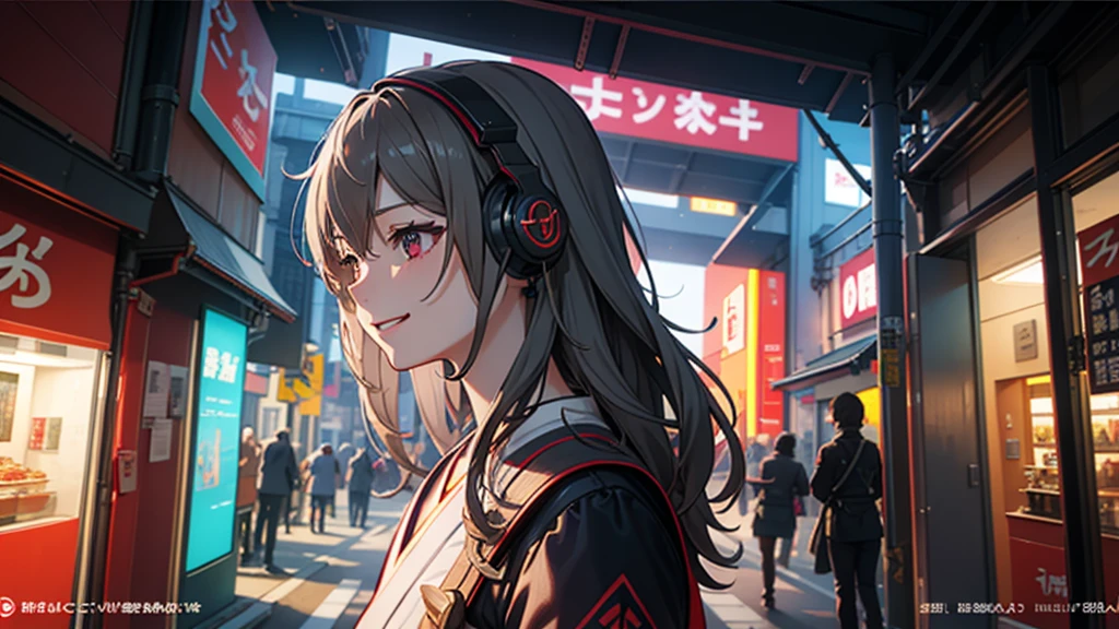 ciberpunk, Perfil de ilustración samurai femenina LED rojo, Use auriculares superiores, Una sonrisa、vista frontal, Antecedentes del Japón en Tokio, Provector, alto detalle, vibrante, Símbolo del holograma de Japón, diseño de código de barras, 4k, nffsw, mesa