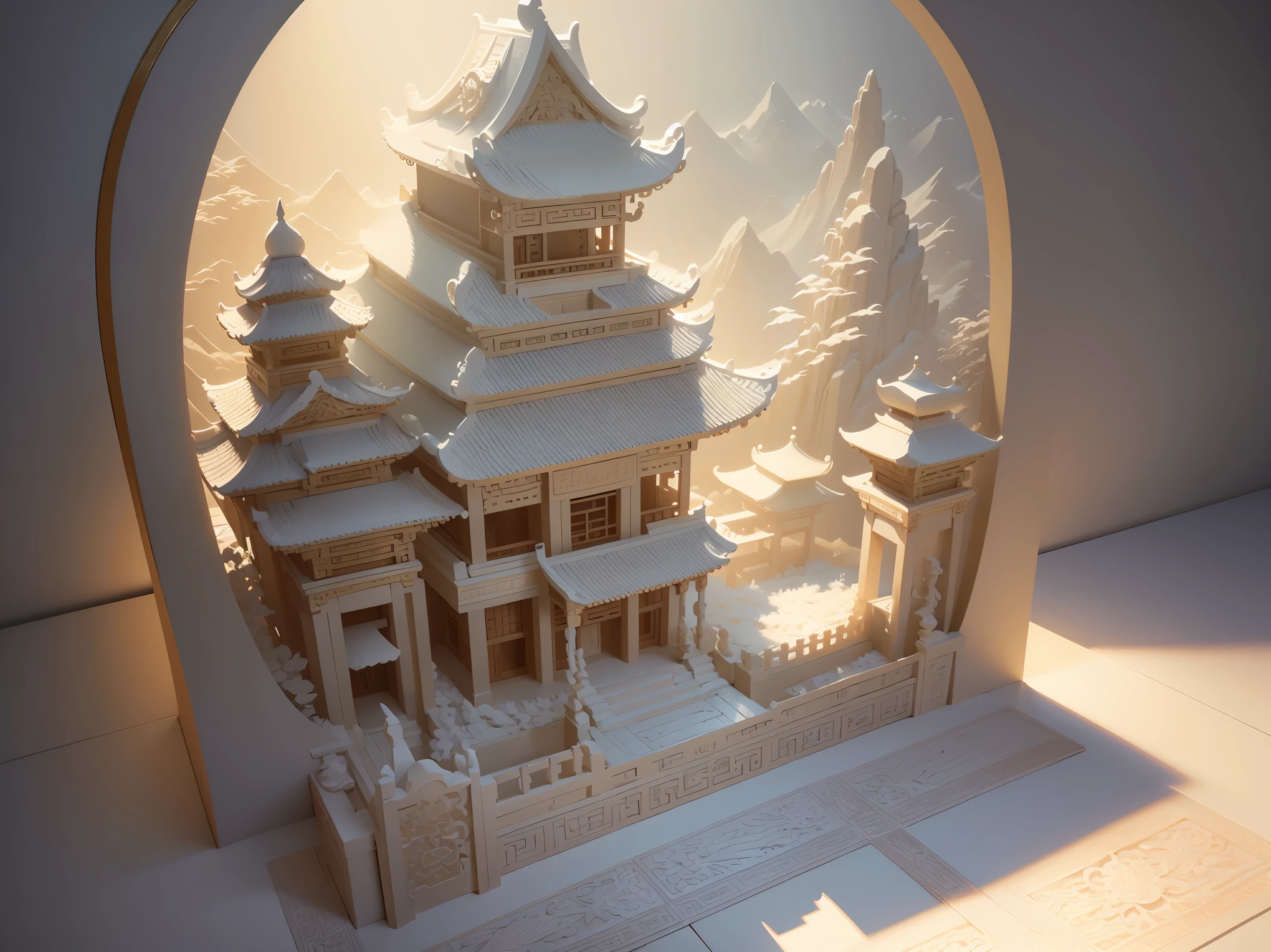 Relevo branco 3D, meticulosamente esculpido, escultura em marfim branco, ilustração chinesa em fundo branco, pastel, estilo tradicional chinês, pintura de paisagem oriental, artesanato de névoa de papel multidimensional, ilustração de papel, visão super grande angular, sonhar, 8K, romântico, Alta resolução, 8K