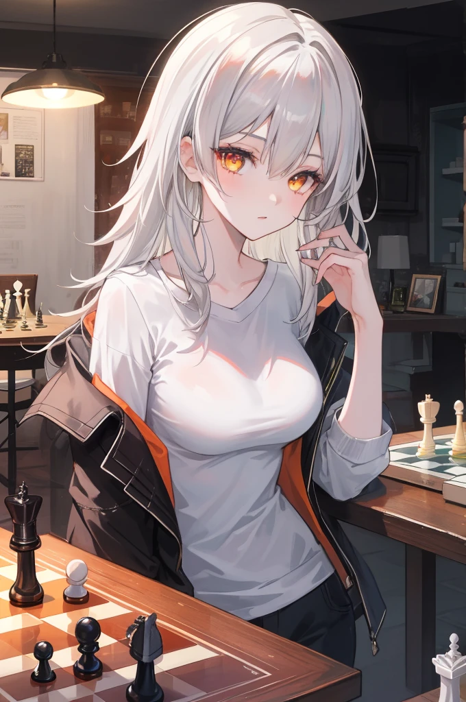 1girl, white hair, vibrant orange eyes, casual wear, playing chess, chessboard, casual background, beautiful eyes, beautiful hair, masterpiece, 4k, hd, detailed, detailed face,